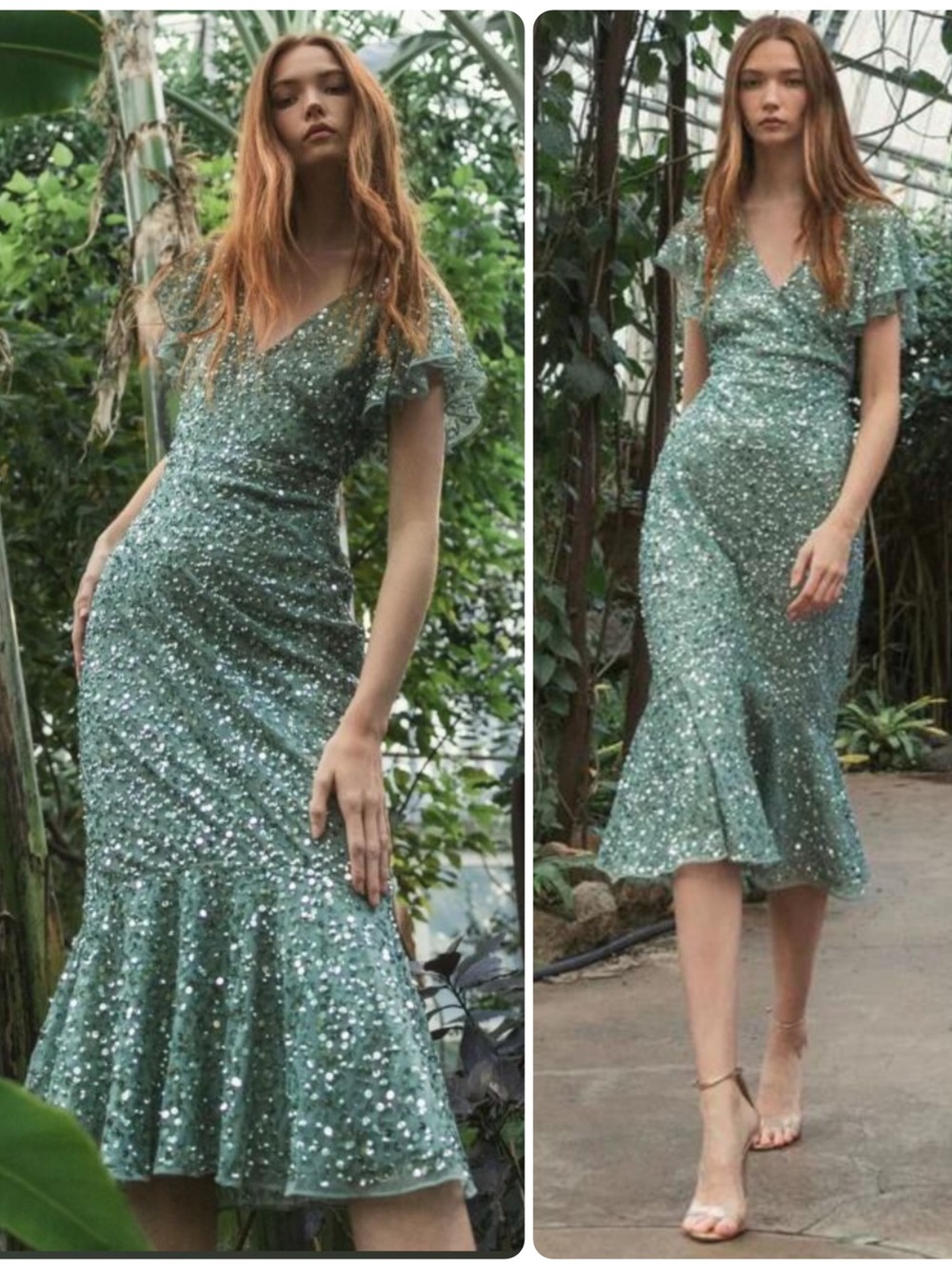 Mac Duggal Sage Green Sequin V-Neck Flutter Cup Sleeve Midi Dress 10801 NWT $498